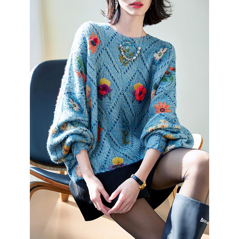 Boshi Li Batwing Sleeve Three-Dimensional Jacquard Lazy Sweater 2026 Spring New Short Loose Knit Top for Women