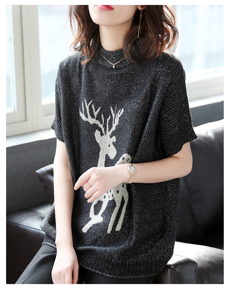 Bao Shi Li Qiu 2018 new deer in ngắn tay đan t-shirt nữ lỏng thường bat áo sơ mi nữ quần áo nữ 