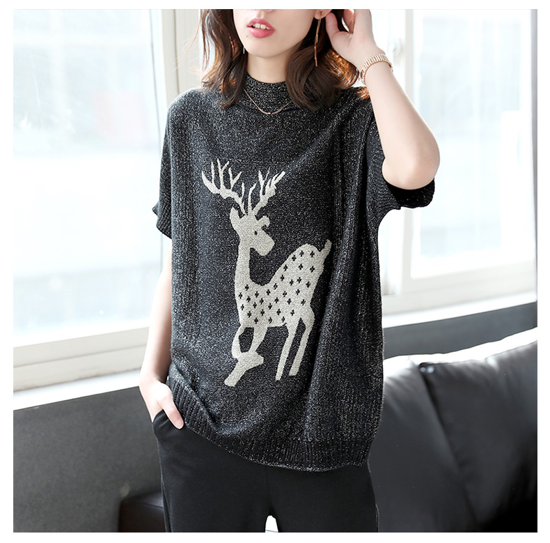 Bao Shi Li Qiu 2018 new deer in ngắn tay đan t-shirt nữ lỏng thường bat áo sơ mi nữ quần áo nữ 