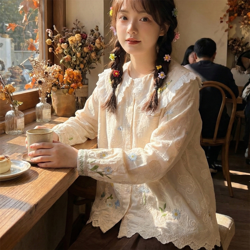 Japanese Soft Girl Mori Style Heavy Embroidery Floral Ruffle Large Doll Collar Loose Pure Cotton Long-Sleeve Shirt Top