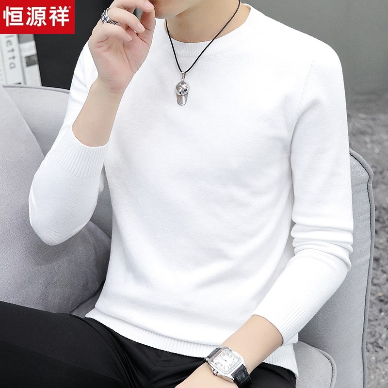 Hengyuanxiang Spring and Autumn Round Neck Sweater Men's Wool Sweater Thin White Winter Knit Sweater Base Layer Inner Wear