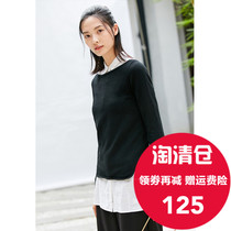 JII AMII winter womens slim solid color jade buckle small slit stretch casual sweater