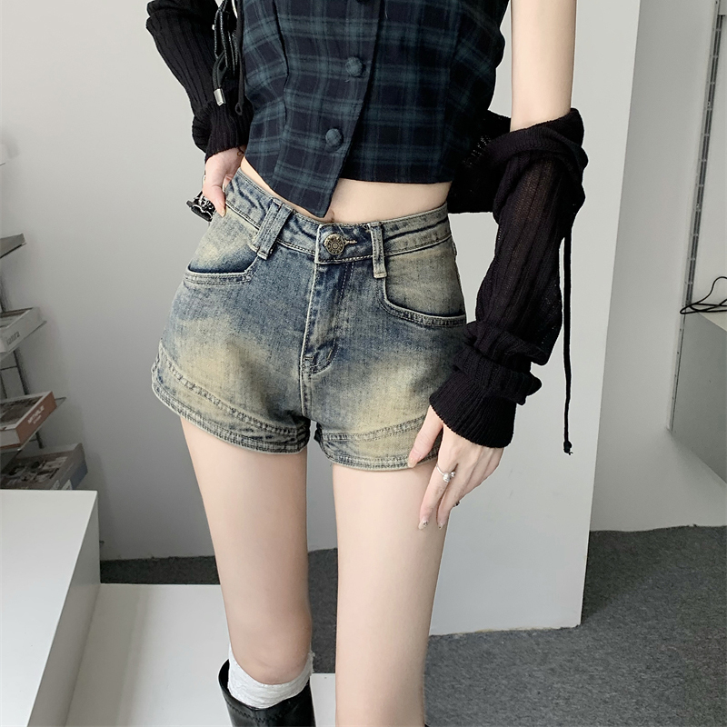 Retro Blue Denim Shorts for Women, Spring, Summer, Autumn and Winter, High-Waisted, Slimming, American Sexy, Tight-Fitting, Distressed, Wide-Legged, A-Line Hot Pants