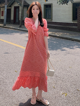 Lecea Alice lace dress with dress 2022 Summer new French style V collar sweet and hollowed-out fairy dress