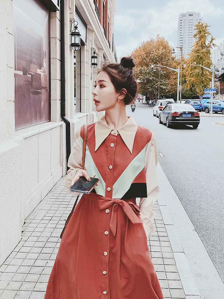 Lecea Alice French niche dress 2022 autumn new style contrast color waist and thin temperament shirt skirt