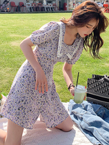 Lecea Alice French style Broken Floral Dress 2022 Summer new small Temperament High Waist Display Slim A-word dress