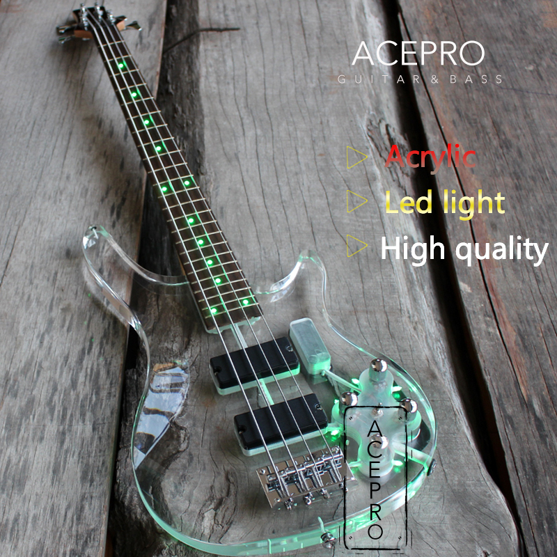 Acepro crystal 4-string BASS transparent LED light cool performance colorful luminous 24-pin bass electric bass