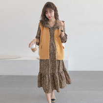 Pregnant Woman Autumn Dress Dress Suit Fashion style Two sets Long sleeves Large size Ocean Snow Spinning Broken Flowers Skirt Autumn Long Dress