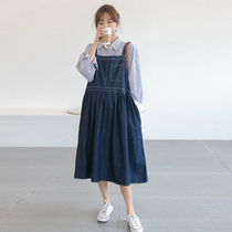 Large code 200 catty to wear ~ Pregnant Woman Denim Dress dress Spring and Autumn Style Loose Big Code Fashion Korean Version Casual Braces Skirt