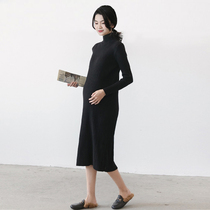 Pregnant Woman Winter Clothing Dress Dress Pure Color High Collar Knitwear Knitwear underskirt Han version Long Pregnant Woman Sweater Dress Winter