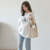 Pregnant woman short sleeve T-shirt Summer medium long style blouses full cotton fashion cartoon printed casual loose big code gestation woman dress