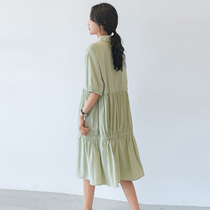 Pregnant woman shirt dress with dress in summer medium long style small clear new temperament to turn sweet and pure cotton pregnant woman shirt dress