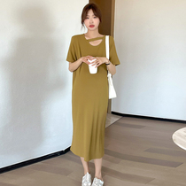 Pregnant Woman Summer Dress 2022 New Pregnant Woman Dress Fashion Foreign Air Sashimi Slim pure elastic knit one-piece dress Summer