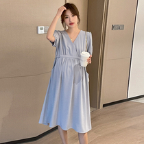 Pregnant woman summer dress dress with long style Korean version fashion temperament high waist display slim V collar Pregnant Woman Skirt Summer
