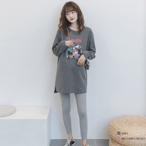Pregnant womens spring 2021 new female pregnant womens long-sleeved t-shirt mid-length cartoon brushed cotton large size top spring