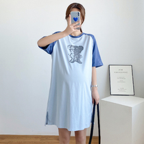 Pregnant Woman Summer Clothing Short Sleeves T-shirt Dress In Long Style Round Neckline Blouse Fashion Cartoon Printed Collared Cuff of pure cotton