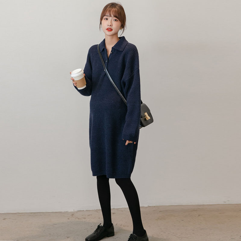 Pregnant Woman Sweater Dress Autumn Winter Medium Long Version Thickened Pit Stripe Turd Collar Casual Large Size Pregnant Woman Knit Foreign Dress Winter