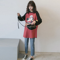 Pregnant womens autumn top long-sleeved mid-length cotton cartoon printing color matching loose pregnant womens long-sleeved T-shirt spring and autumn