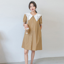 Pregnant woman Liondress Summer medium long style Fashion Embroidery Hollowed-out White Turnover Pregnant Woman Skirt Temperament Sweetness Shirt Dress