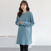 Pregnant woman sweater with long autumn winter set head round collar pure color knit undershirt large code pregnant woman inner lap blouse