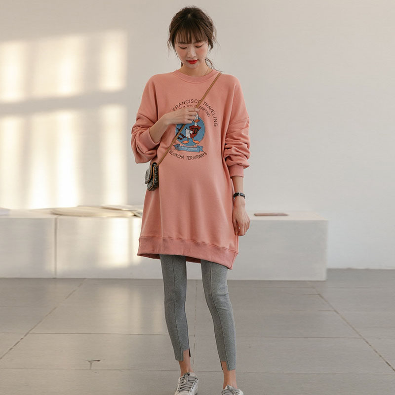 Long version of the pregnant woman's sweatshirt 2021 new spring gestational woman clothes loose large size for cartoon printed pregnant woman clothes spring