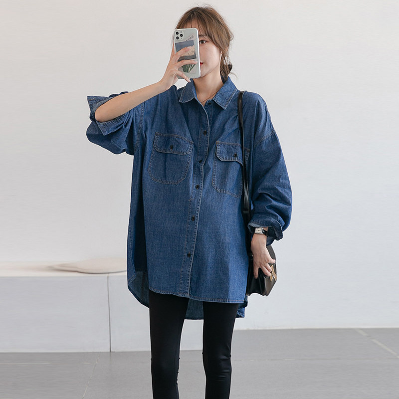 Maternity denim jacket spring and autumn long-sleeved loose Korean version casual large size early autumn 2021 new denim shirt autumn