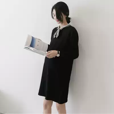 Pregnant women's knitted dress Spring and autumn and winter long-sleeved mid-length Korean fashion scarf black all-match pregnant women bottoming skirt