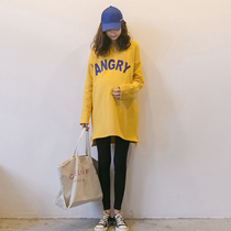 Pregnant womens sweater mid-length spring and autumn long-sleeved top loose Korean version of the large code letters simple casual cotton maternity clothes