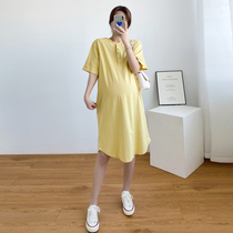 Pregnant Woman Summer Clothing Dress Dress Medium Long short sleeves T-shirt Pure Cotton Pure Color Minimalist Loose Comfort Pregnant pregnant woman skirt Summer