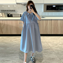 Pregnant woman shirt dress with dress Summer medium long style Fashion Flap Loose big code Belly Pure Cotton Pregnant pregnant woman Skirt Summer