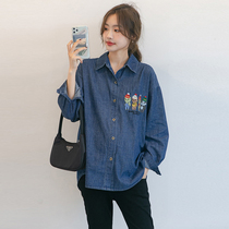 Pregnant Woman Cowboy Shirt Spring And Autumn Clothes Fashion Cartoon Print Foreign Air Big Code Pregnant Woman Cowboy Long Sleeve Shirt Early Spring
