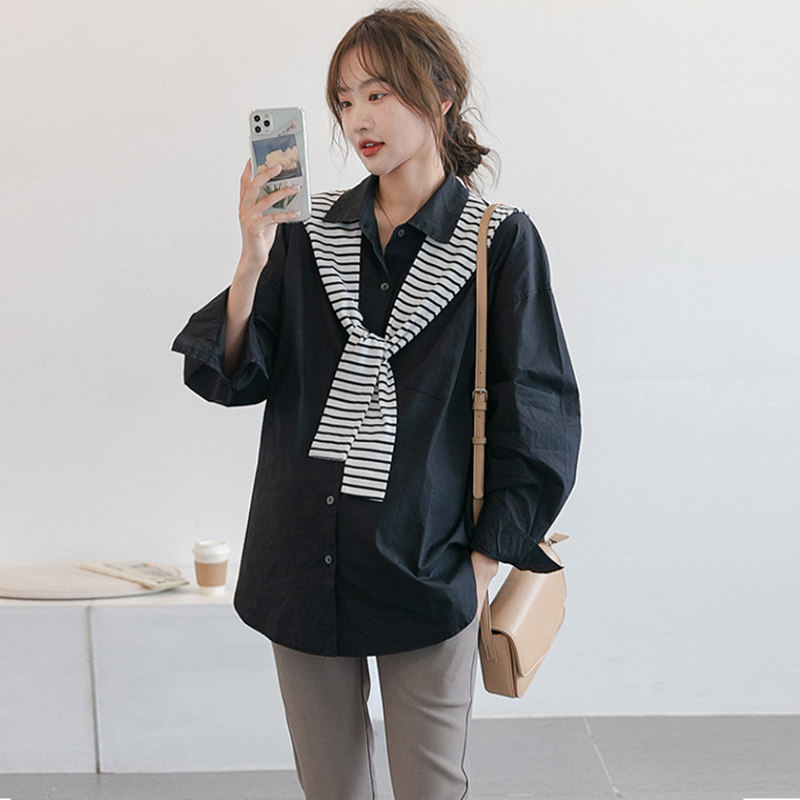 Pregnant woman shirt Spring and Autumn long sleeve tops Han style stripes shoulder pure cotton large-scale pregnant women's professional shirt