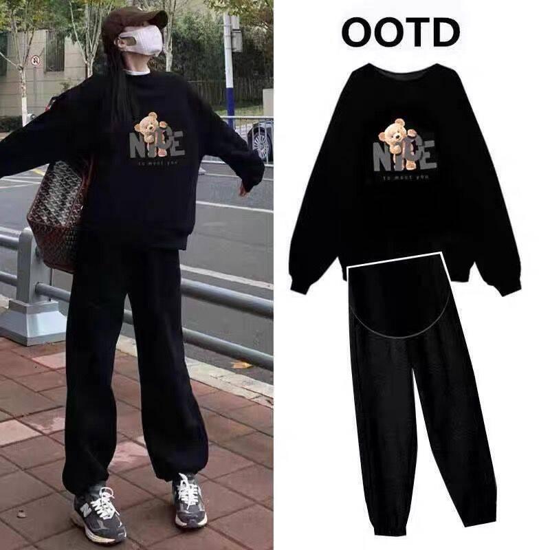 Spring, Autumn and Winter Maternity Suits for Outer Wear, Maternity Tops, Maternity Pants, Loose Fit, Plus Size, Fleece-Lined for Warmth