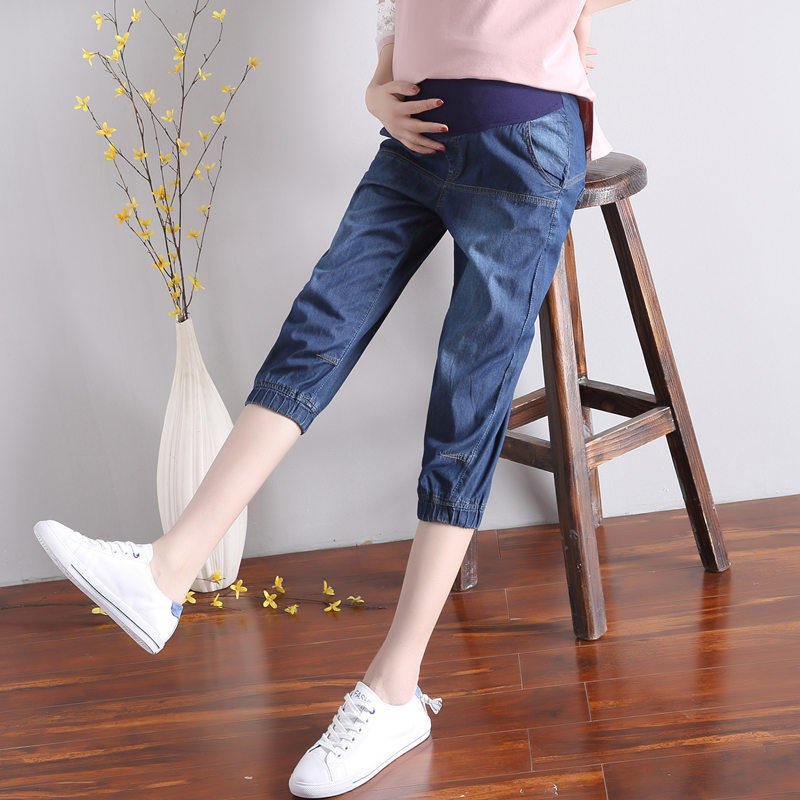 Summer thin section pregnant women's trousers denim cropped trousers casual loose leggings shorts large size 200 catties