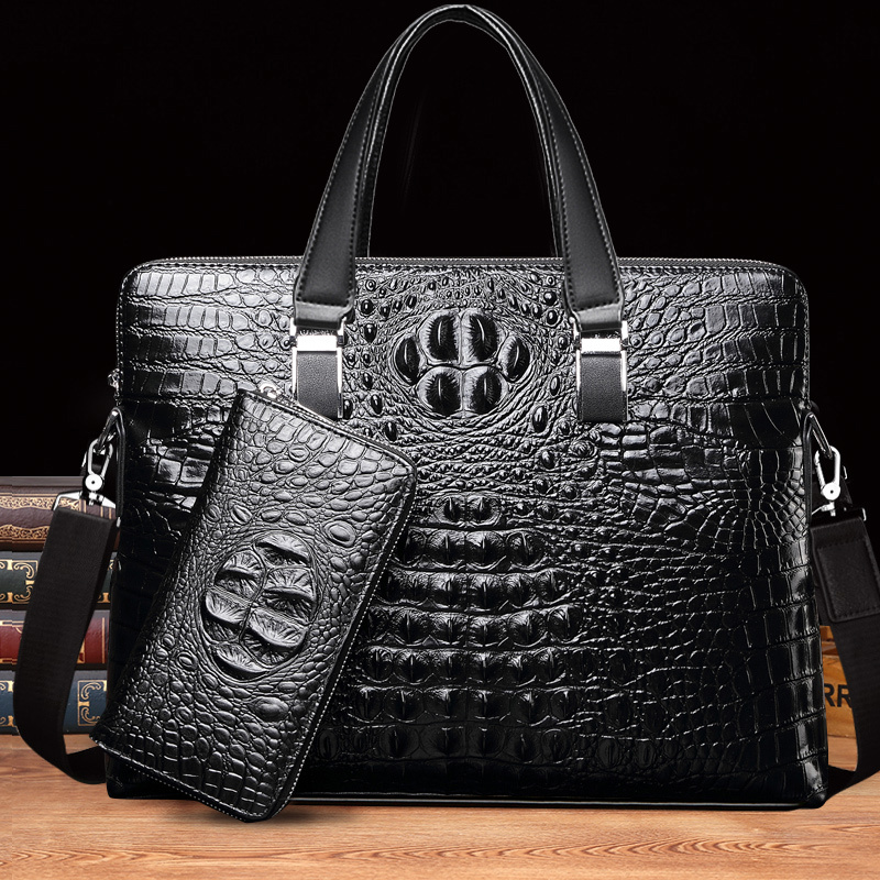 Men's Handbag, Genuine Briefcase, Business Crocodile Pattern Shoulder Bag, Horizontal Computer Bag, Multi-Functional A4 File Bag