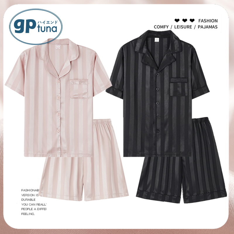 Gptuna Striped Couple Pajamas Women's Summer Ice Silk Short-Sleeved Shorts Black Men's Silk Home Wear Set