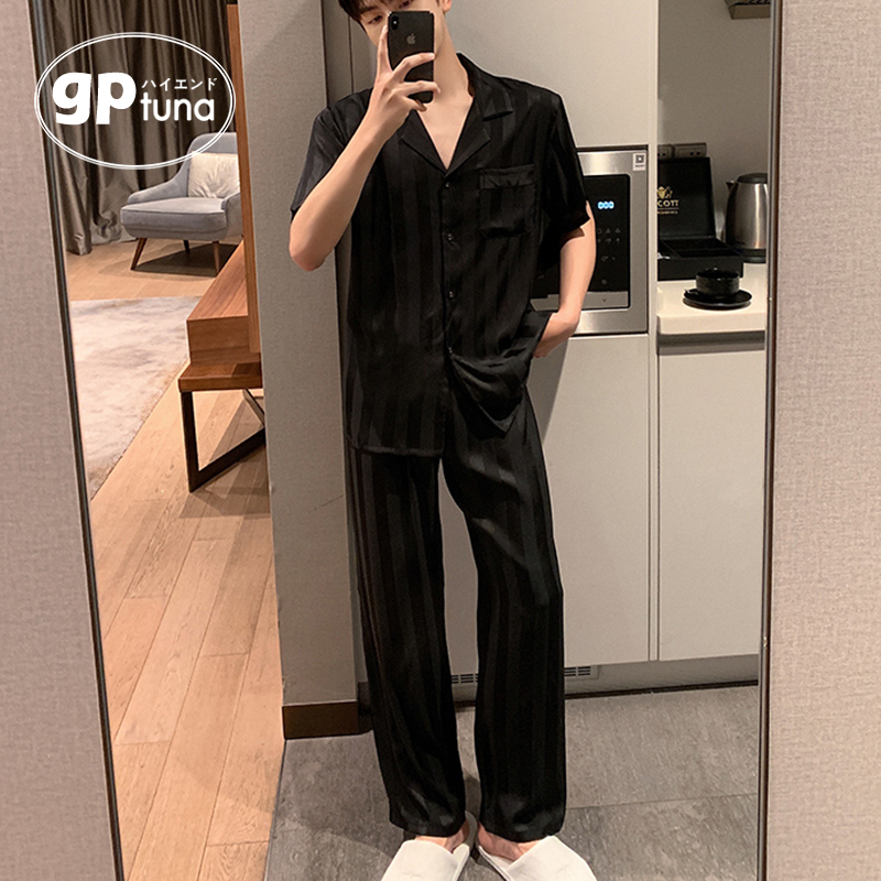 Japanese Gp Men's Summer Ice Silk Pajamas, Men's Long Pants, Short Sleeves, Men's Large Size Striped Spring and Summer Silk Loungewear
