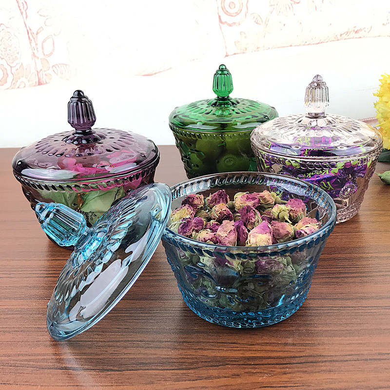 Fruit bowl with lid European retro stained glass jar Household cute princess small fresh sugar water dessert bowl