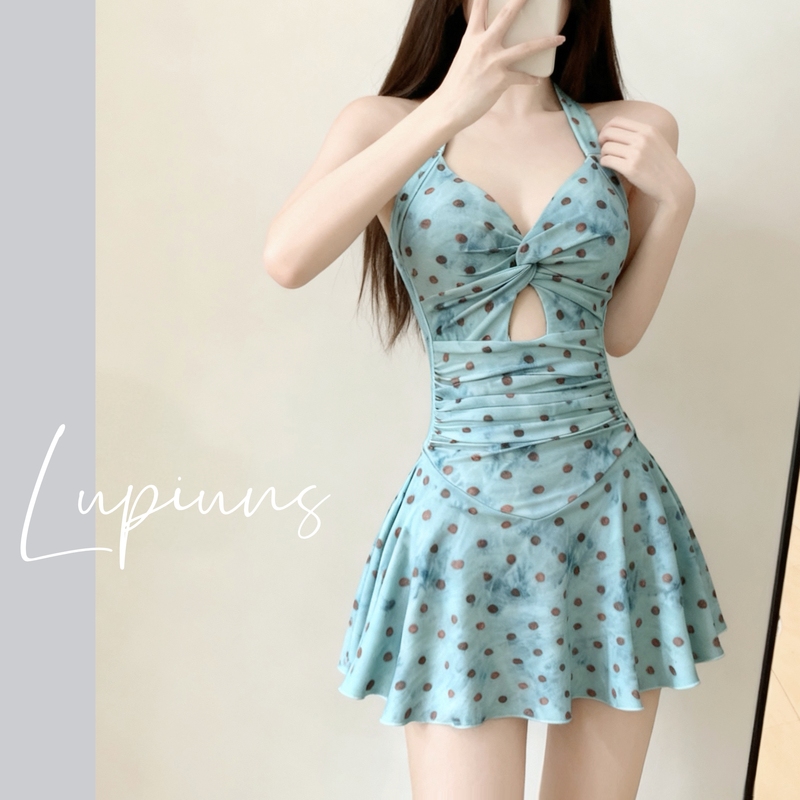 New One-Piece Swimsuit for Women, French Pastoral Style, Thin and Delicate, Tie-Dye Polka Dot, V-Neck, Tummy-Covering, Slimming, Boyshort Swimwear
