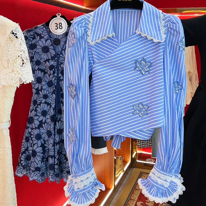 The Story of the Rose Liu Yifei and Huang Yimei's Same Style Striped Shirt for Women with Three-Dimensional Flower Tie and Bowknot Trendy Shirt
