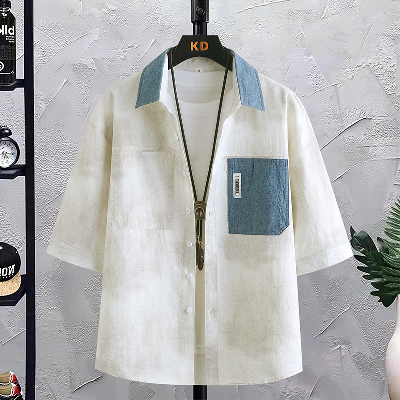 2026 Summer New Style Patchwork Mid-Sleeve Shirt Jacket for Men with a Turn-Down Collar, Fashionable Casual Thin Shirt for Young Students