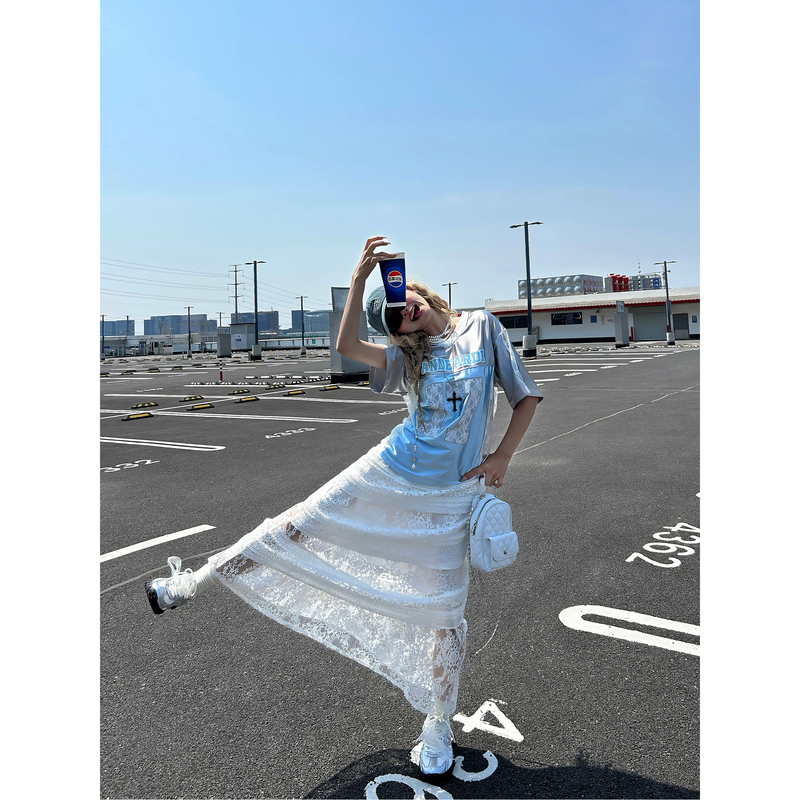 Uptomcc Blokette Girl American-Style V-Neck Lace Patchwork Jersey Short-Sleeve Fashionable Versatile Loose T-Shirt