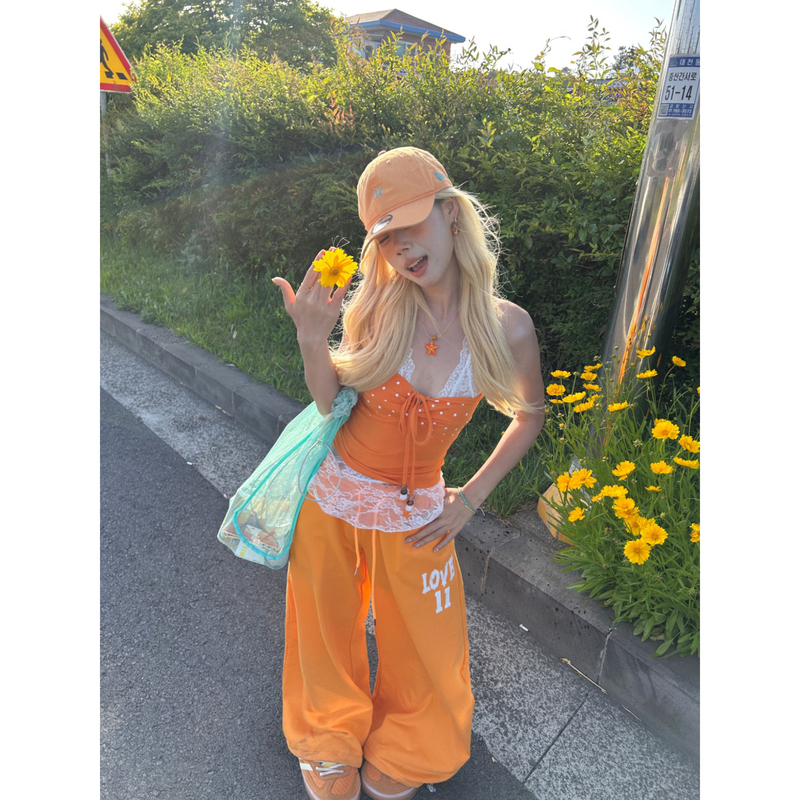 Uptomcc Summer Sweet and Spicy Orange Drawstring Tube Top Layered Lace Camisole Printed Wide-Leg Casual Sports Pants Trendy