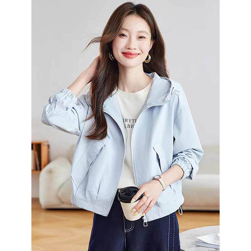 Trendy Hooded Short Solid Color Jacket for Women 2026 Spring New Loose Versatile Thin Windbreaker Coat for Women