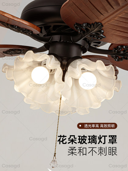 Medieval-Style Solid Wood Living Room Fan Light with Strong Wind Power, Full Spectrum Eye Protection, Bedroom Ceiling Fan Light, Fan Integrated Casagd