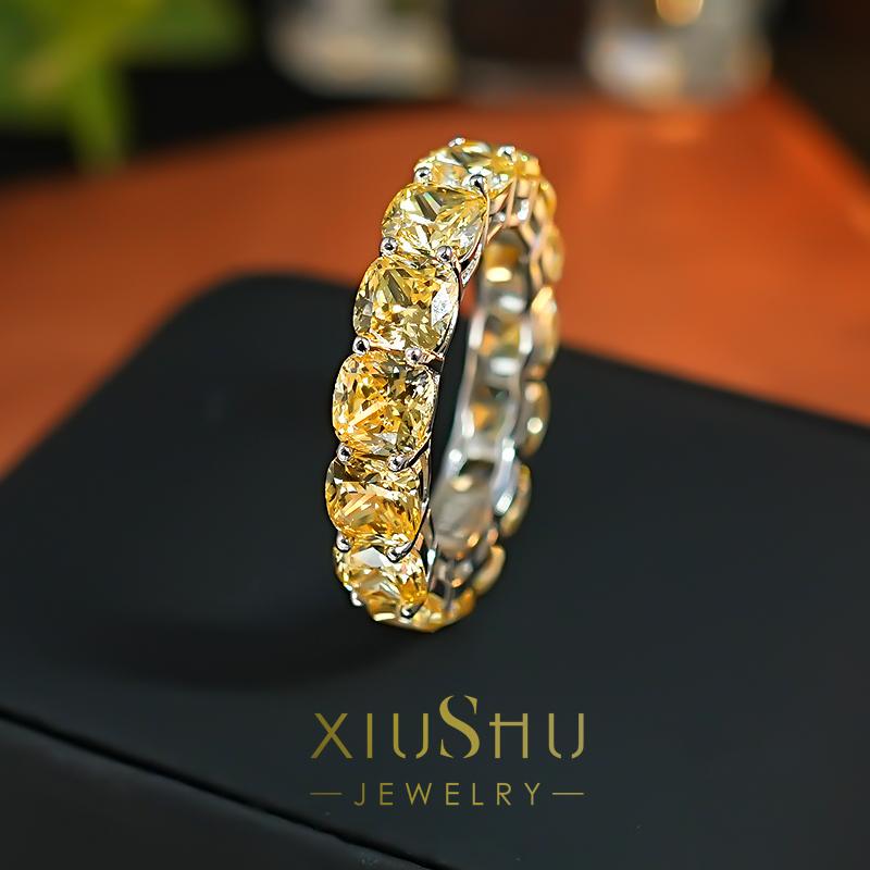 Brilliant Sugar Cube Light Luxury Radiant Design Full Diamond Ring Inlaid with Princess-Cut High-Carbon Diamonds S925 Silver Versatile and Elegant Brilliant Sugar Cube Light Luxury Radiant Design Full Diamond Ring Inlaid with Princess-Cut High-Carbon Diamonds S925 Silver Versatile and Elegant