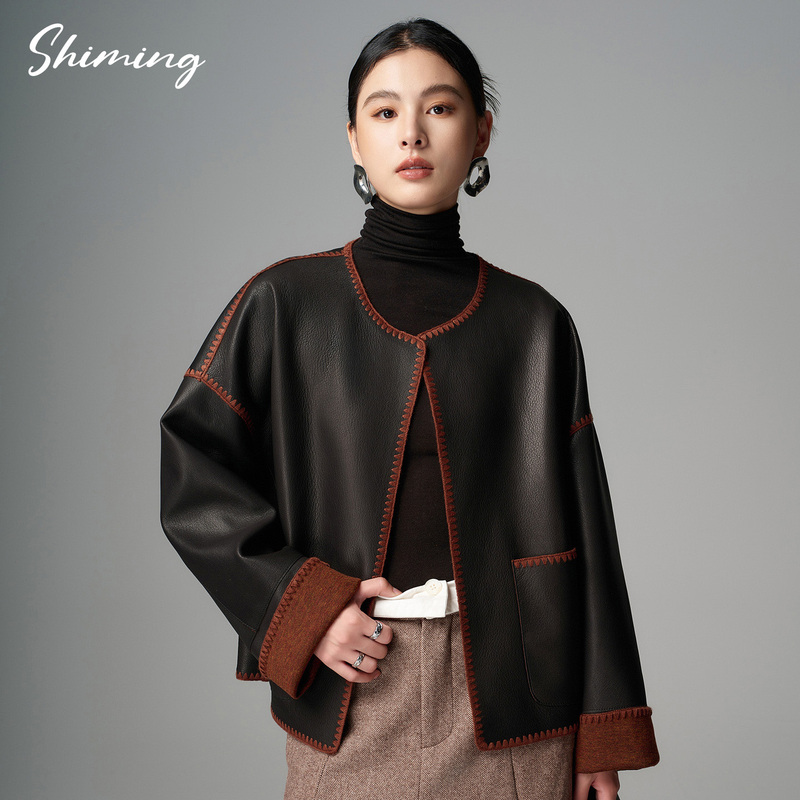 Shiming High-End Goatskin Composite Wool Shell Thread-Edged Genuine Leather Jacket for Women, Short Casual Slimming Coat Shiming High-End Goatskin Composite Wool Shell Thread-Edged Genuine Leather Jacket for Women, Short Casual Slimming Coat