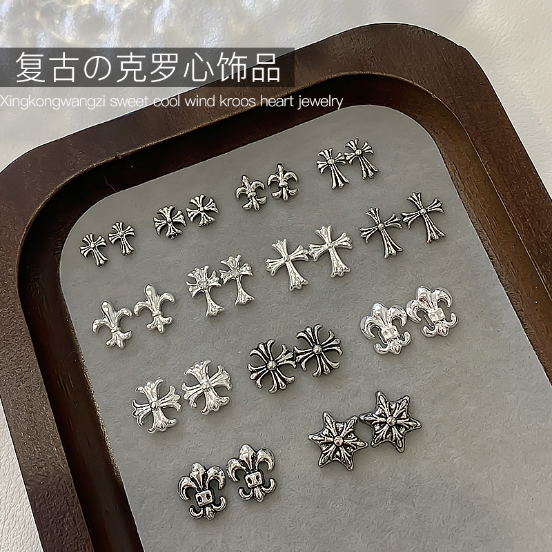 Premium Vintage Crow Heart Punk Nail Art Cross Scout Flower Dark Style Antique Silver Metal Jewelry 5 Pieces Set