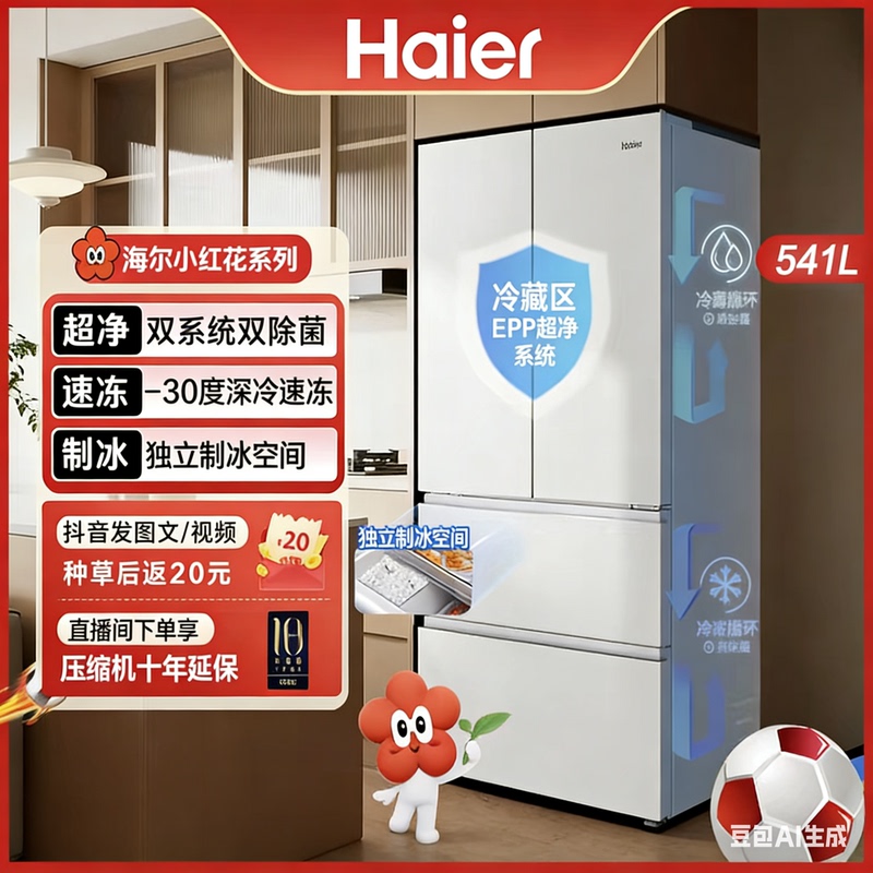 Haier Bcd-541Wghfdc9Gpu1 Little Red Flower Ice-Making Dual System French Smart Control Refrigerator