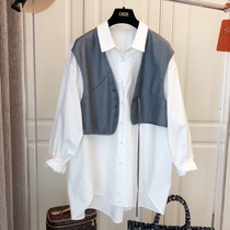 Contrast color design sense niche Korean loose casual waistcoat fake two long sleeve shirt women 2021 Top Autumn Tide